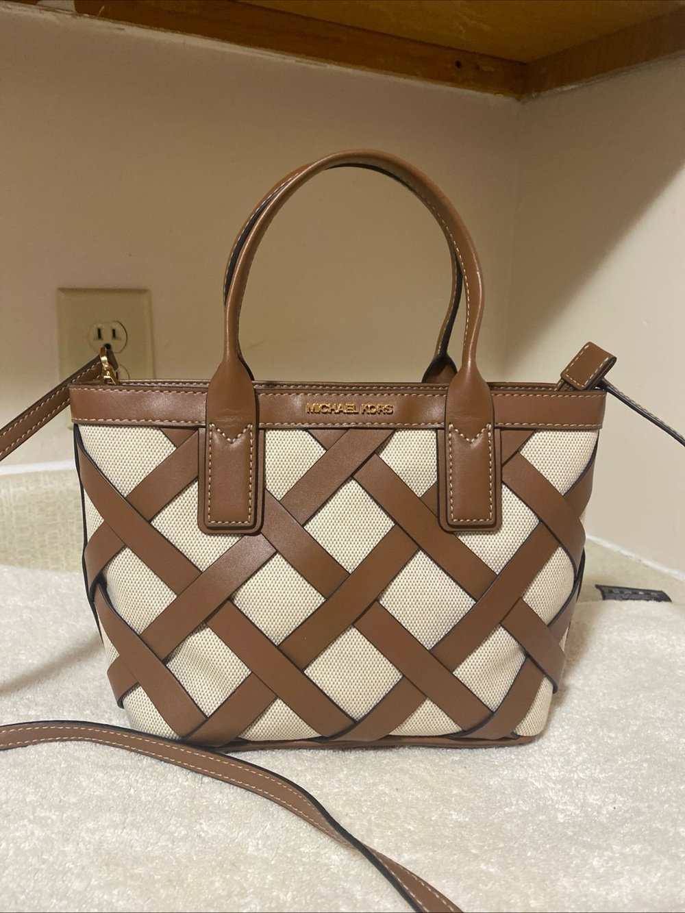 Michael Kors Brown and Cream Woven Crossbody Tote